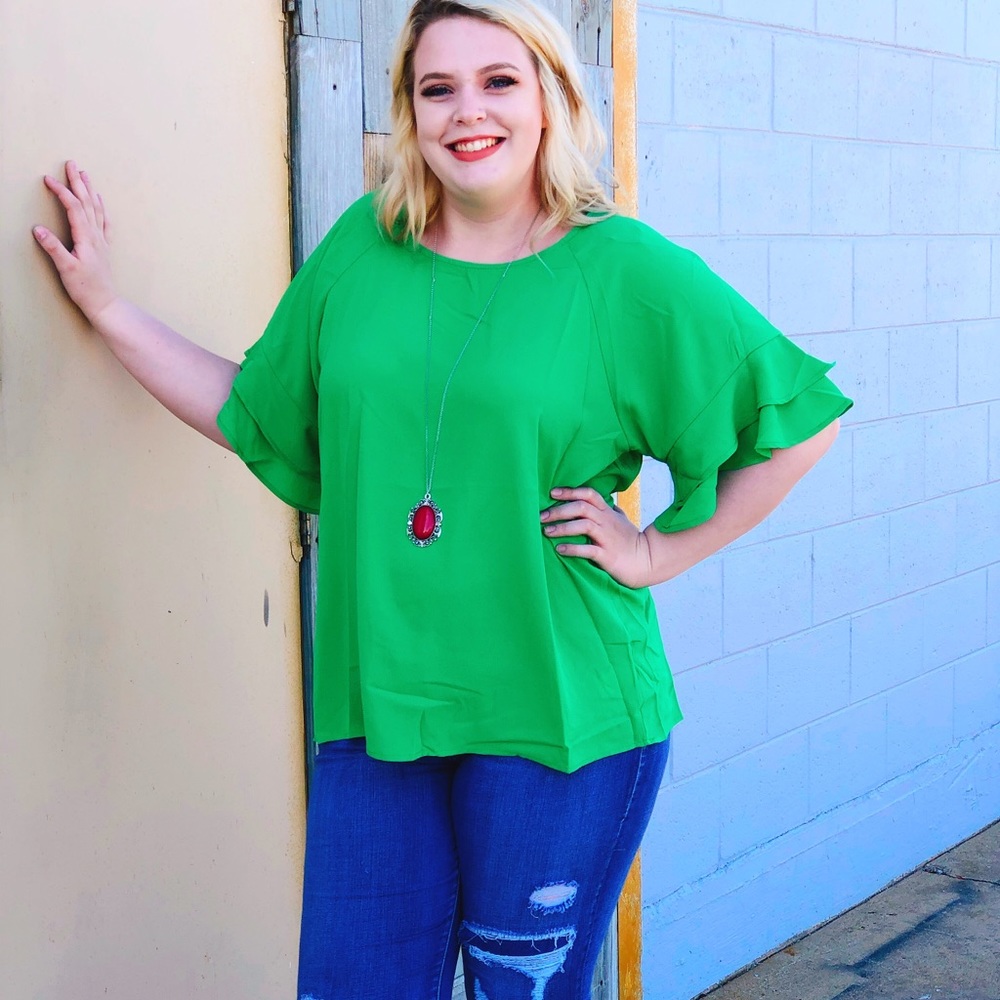 Umgee Plus Size Green Ruffled Sleeve Top